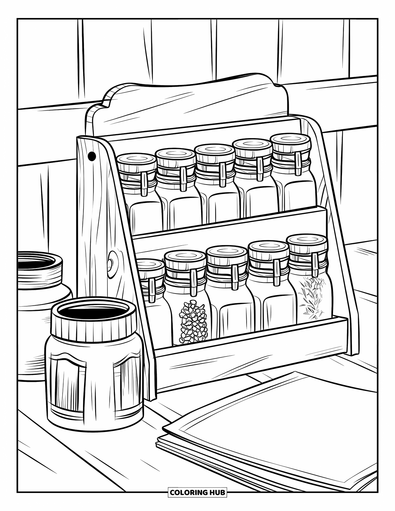 Kitchen Coloring Page for Kids: A spice rack holds labeled jars beside a recipe pad with handwritten notes