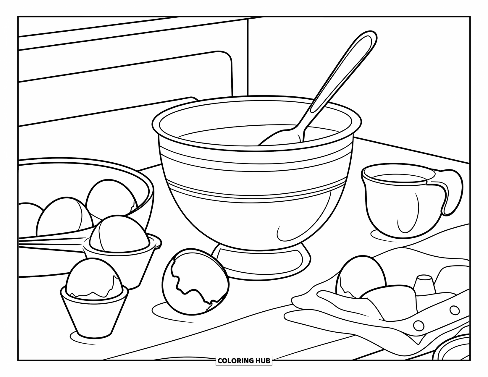 Kitchen Coloring Page for Kids: A spoon rests in a mixing bowl beside eggshells and measuring cups