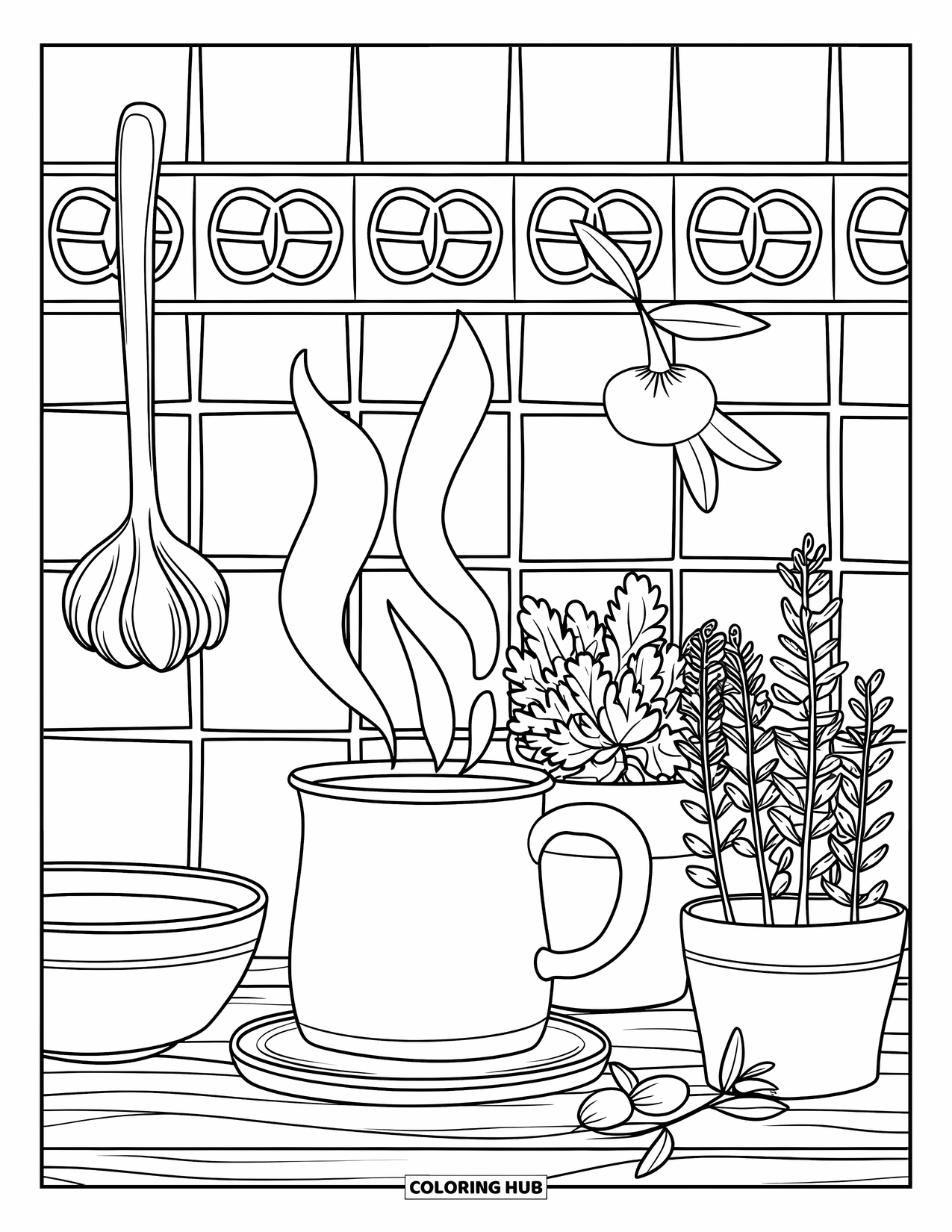Kitchen Coloring Page for Kids: A steaming mug, potted herbs, and kitchen tools sit beneath a hanging garlic string