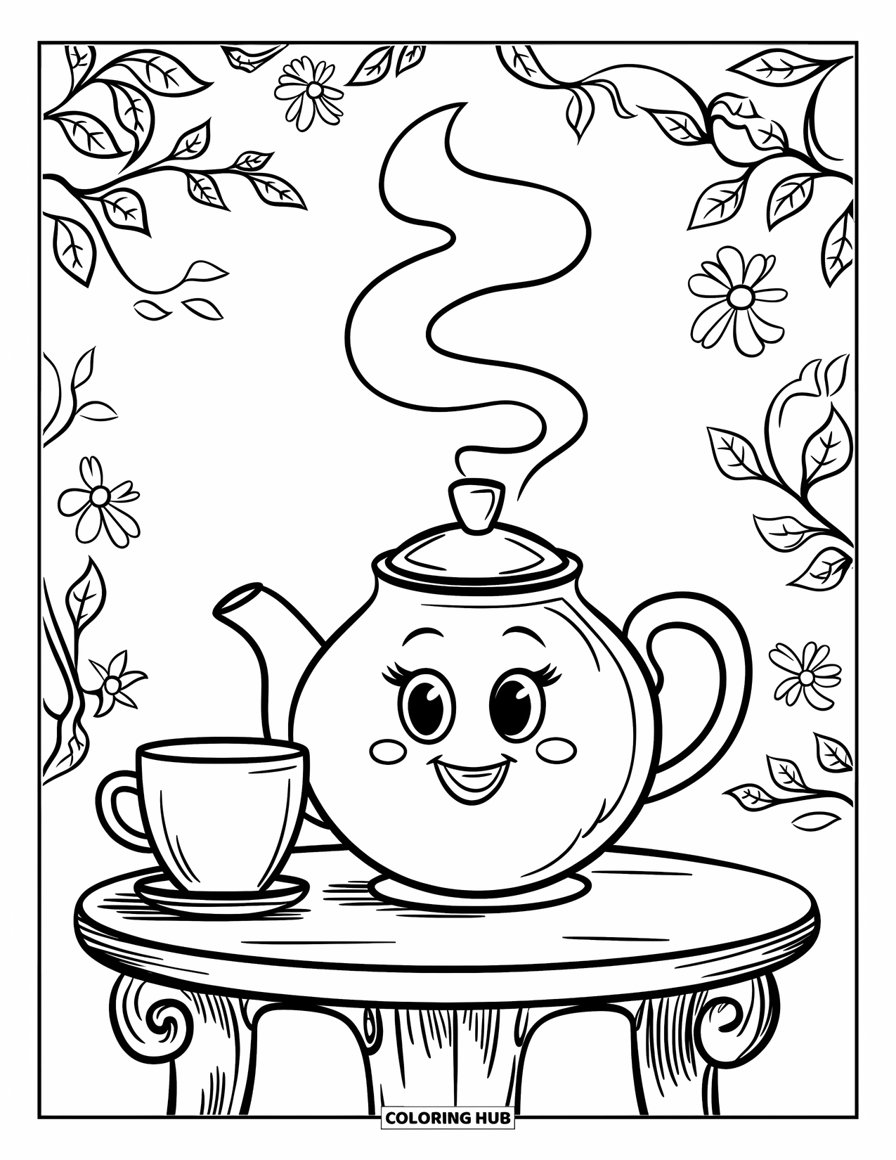 Kitchen Coloring Page for Kids: A steaming teapot and cup sit on a table with floral patterns