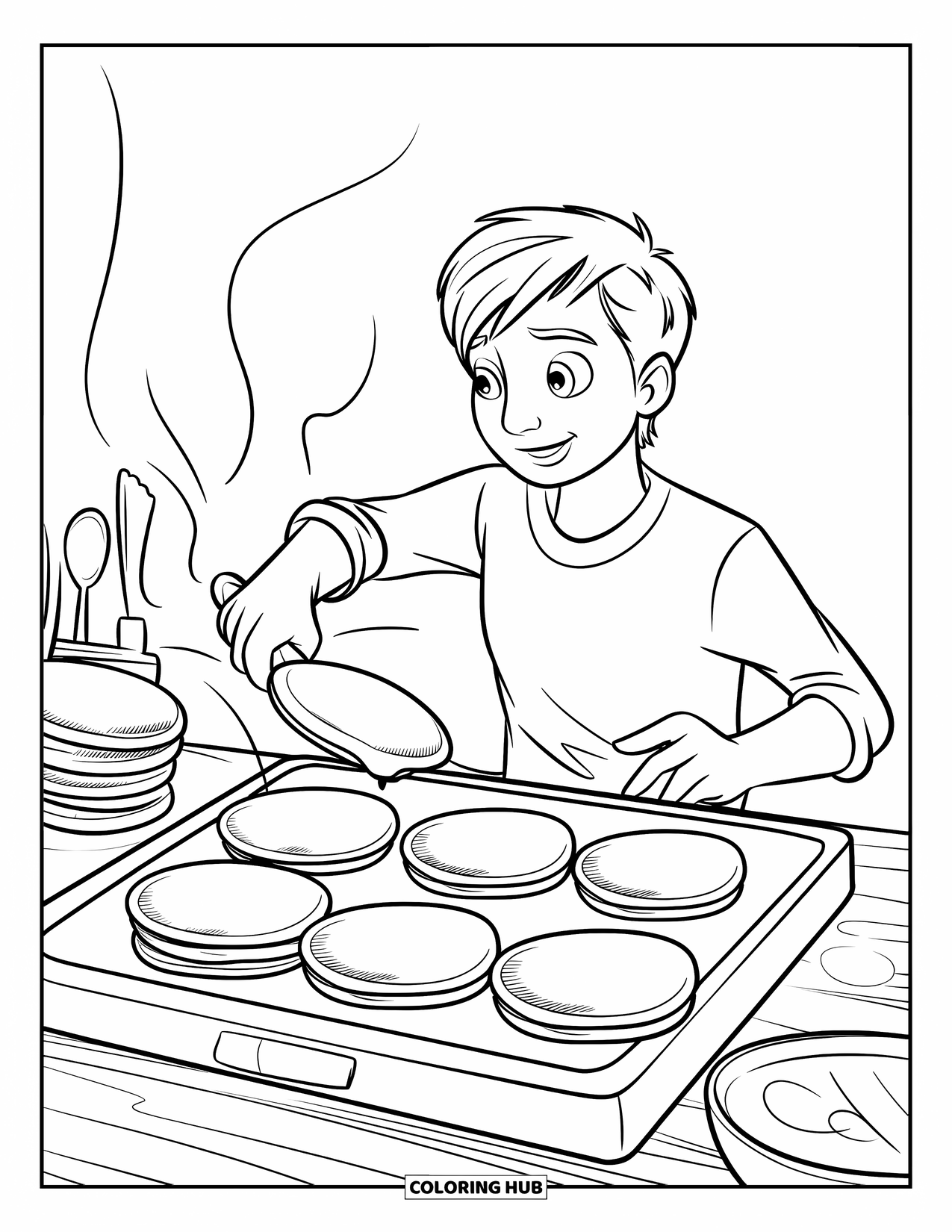 Kitchen Coloring Page for Kids: A teen flips pancakes on a steamy griddle with utensils nearby