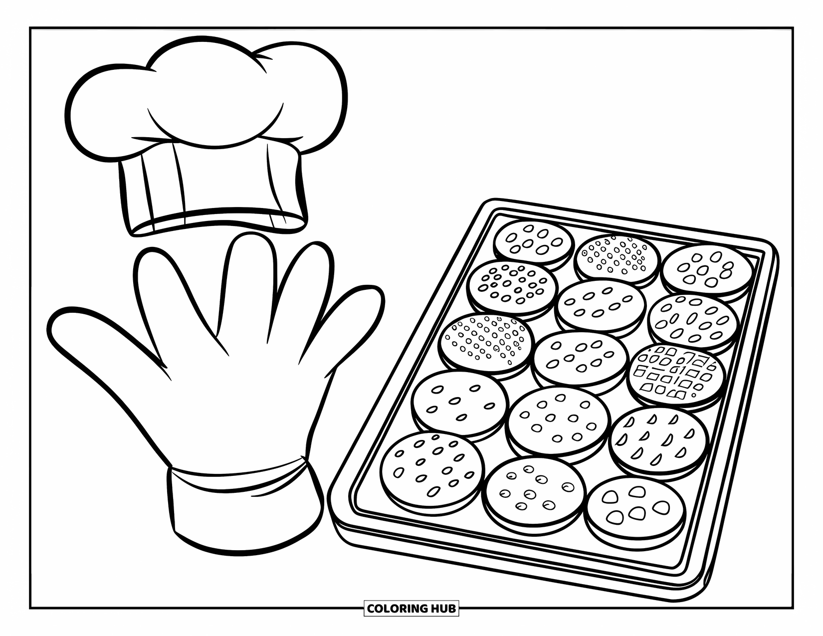Kitchen Coloring Page for Kids: A tray of cookies with sprinkles sits next to a glove mitt