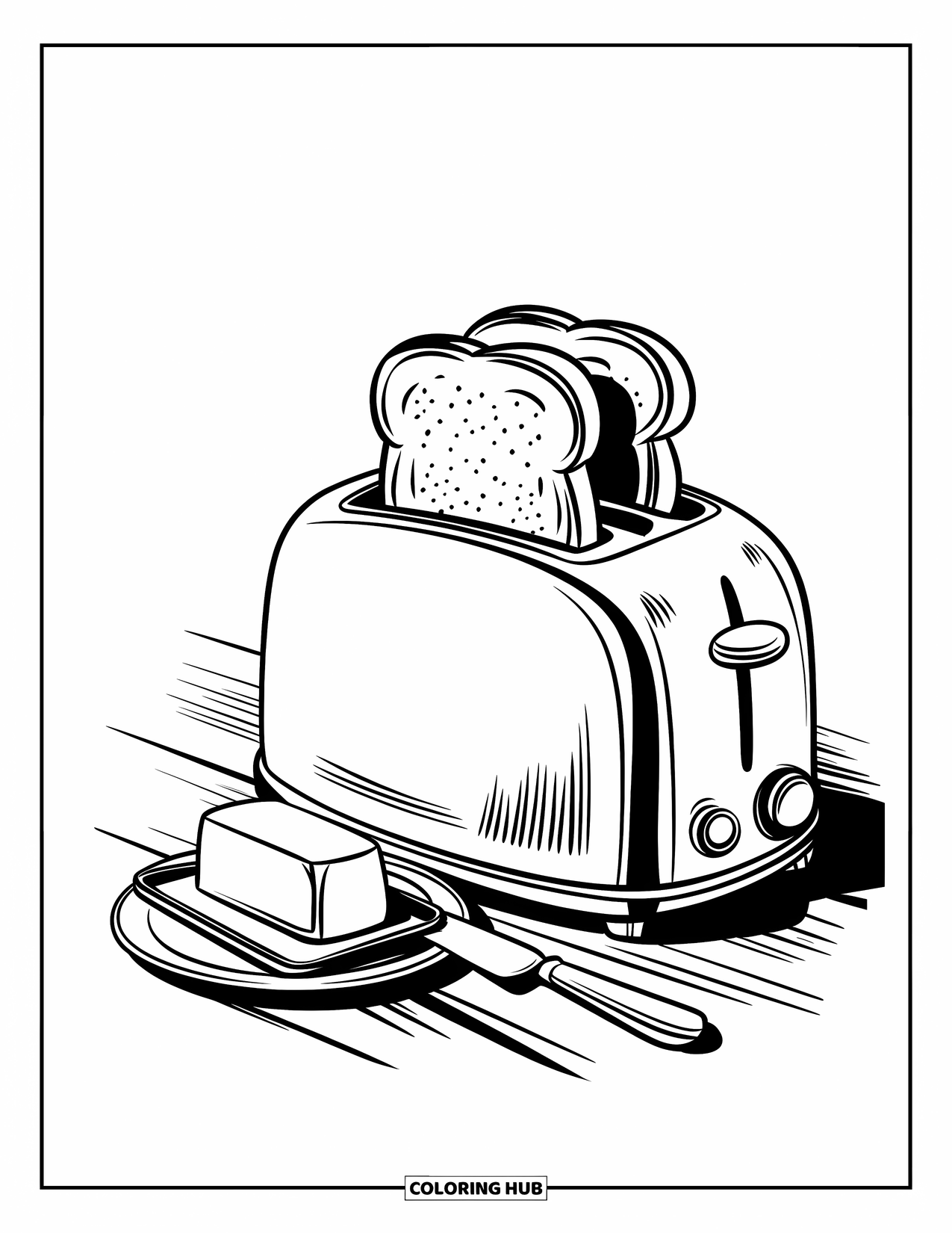 Kitchen Coloring Page for Kids: A vintage toaster pops toast beside a butter tray and a knife