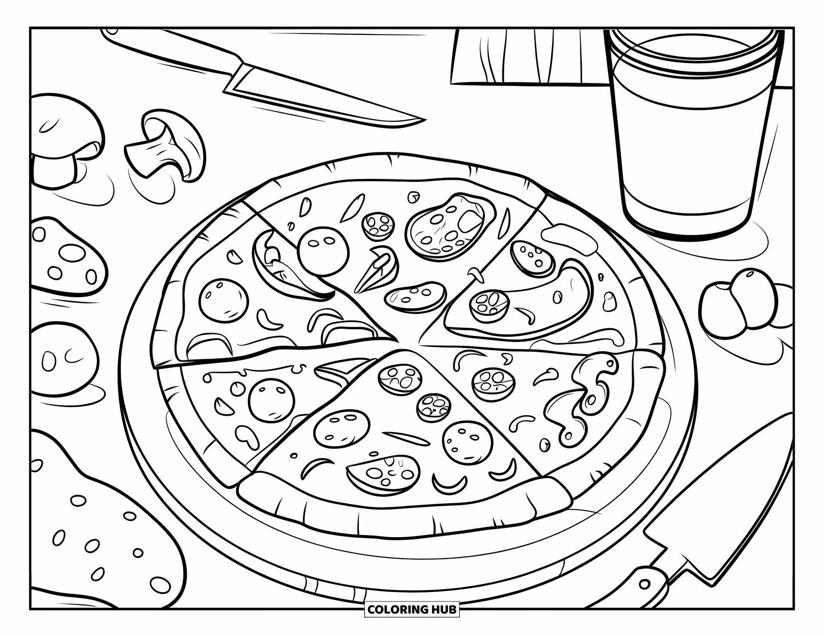 Kitchen Coloring Page for Kids: A wooden board holds a pizza surrounded by toppings, dough, and sauce