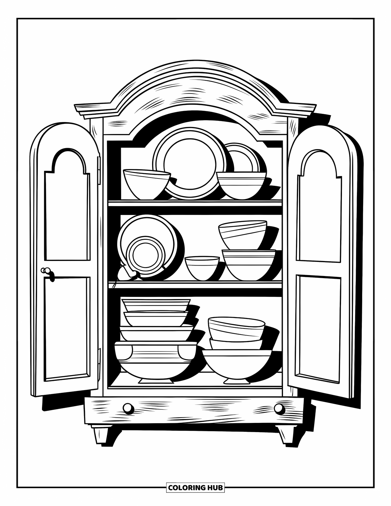 Kitchen Coloring Page for Kids: An open cupboard reveals dishes, bowls, and a few stacked pots