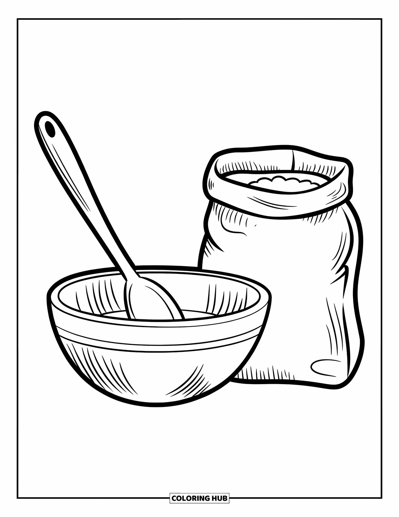 Kitchen Coloring Page for Kids: Bowl and spoon sit centered with a flour sack nearby