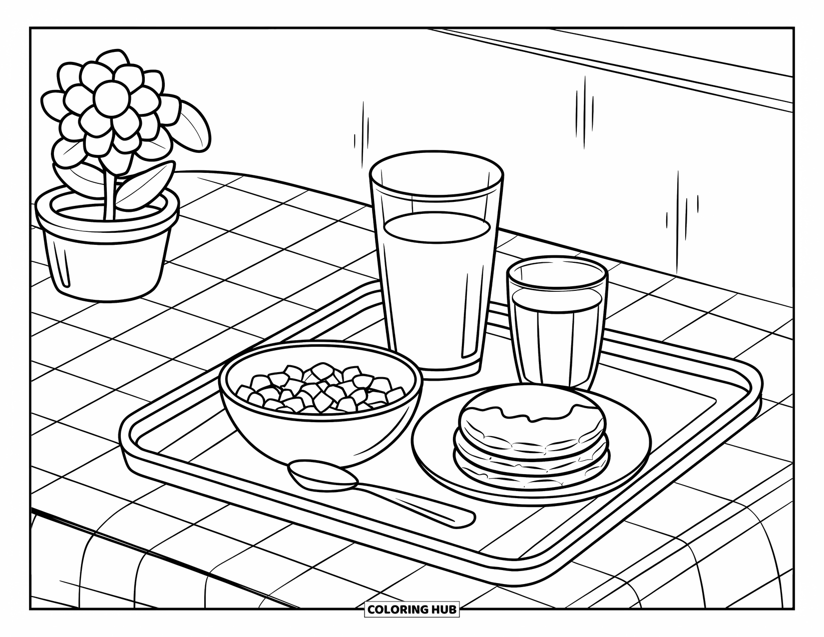 Kitchen Coloring Page for Kids: Breakfast tray with juice, pancakes, and cereal beside a flower pot on the table