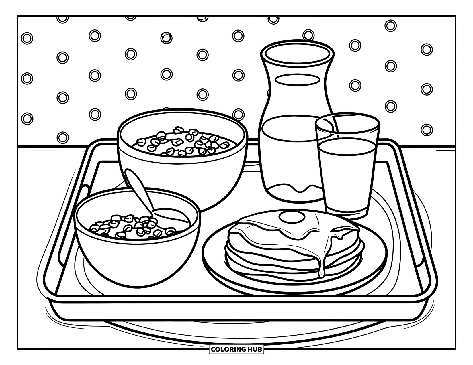 Kitchen Coloring Page for Kids: Cereal, pancakes, and juice are arranged on a breakfast tray on a patterned table