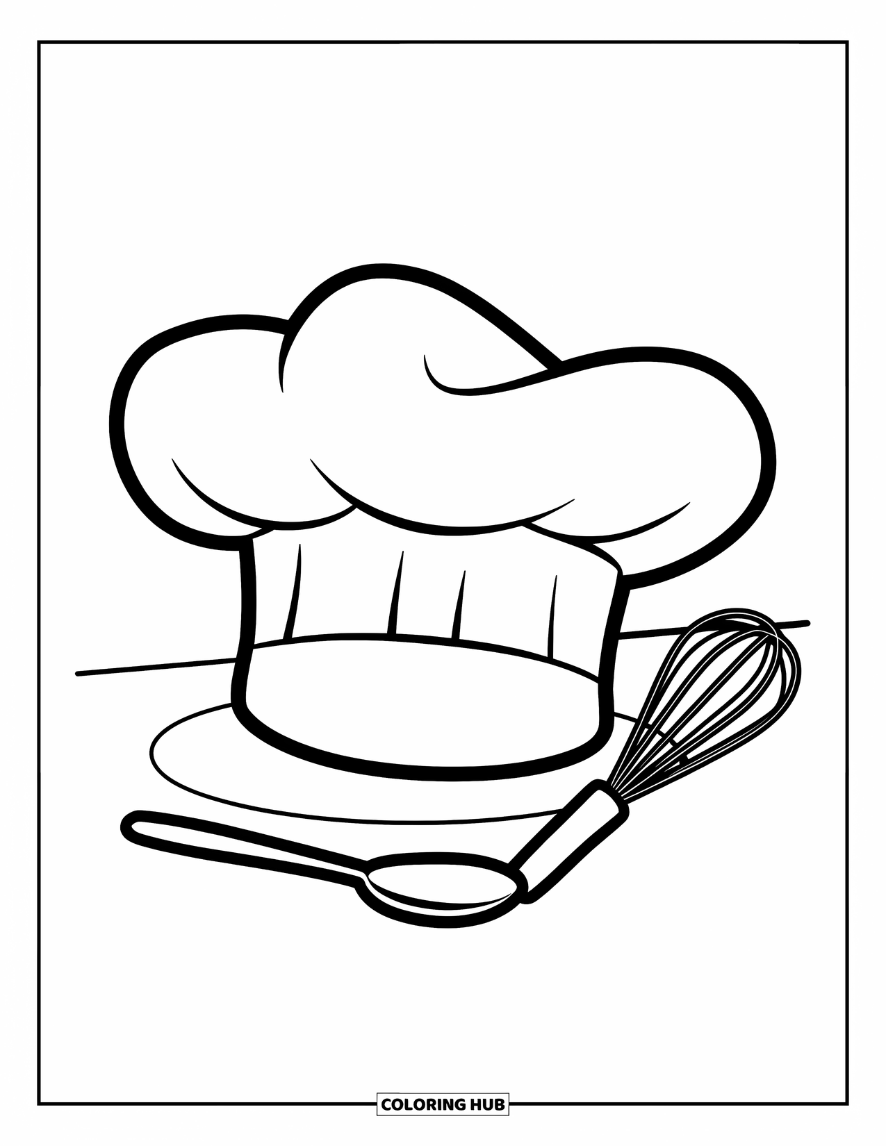 Kitchen Coloring Page for Kids: Chef hat with a happy face sits beside a whisk and spoon