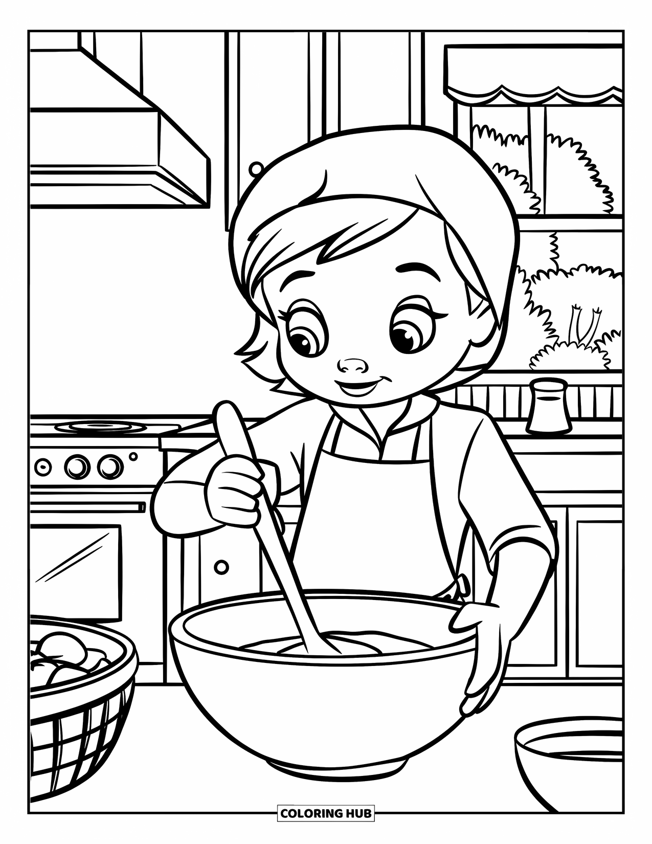 Kitchen Coloring Page for Kids: Child stirs batter in the kitchen with ingredients close by