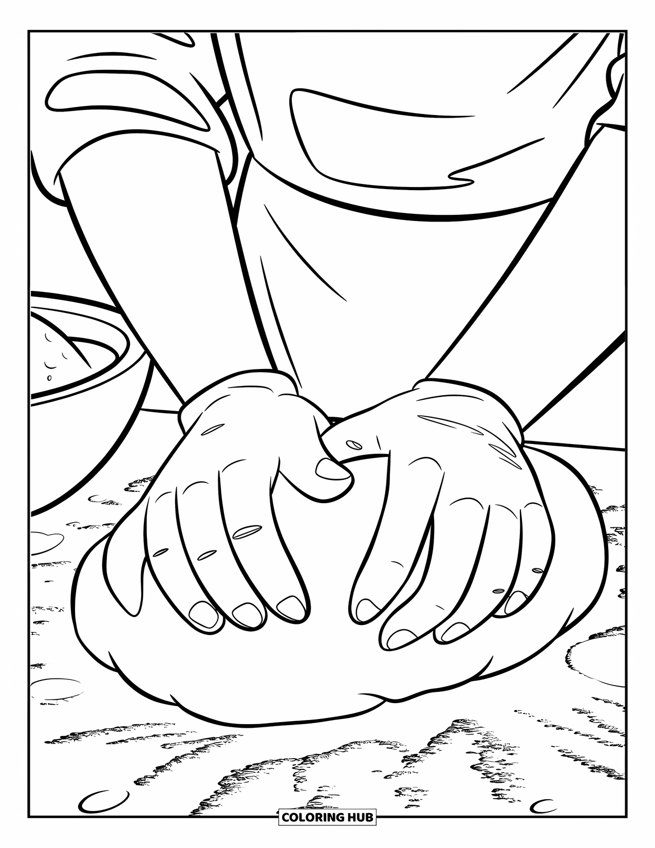 Kitchen Coloring Page for Kids: Close-up of hands kneading dough near flour and a bowl on the table