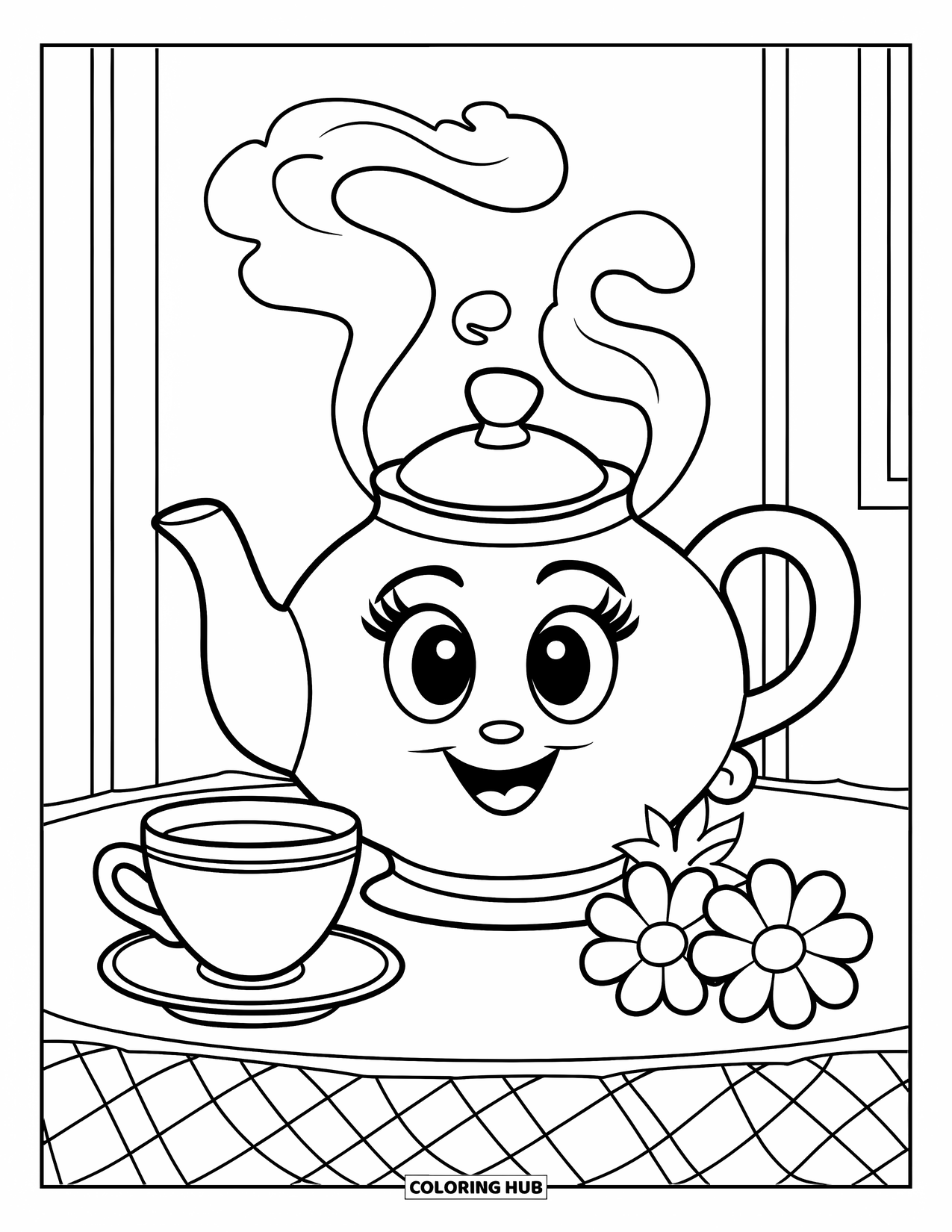 Kitchen Coloring Page for Kids: Cute teapot with big eyes and steam rises beside flowers and a cup