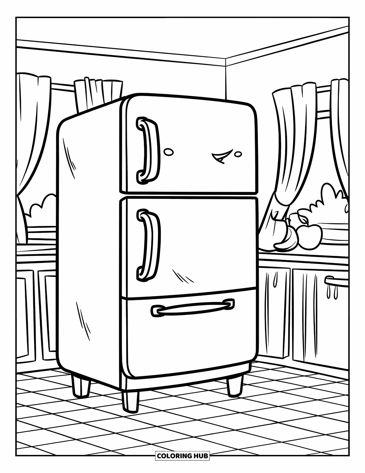 Kitchen Coloring Page for Kids: Fridge stands by a cabinet and counter with fruit in a cozy kitchen