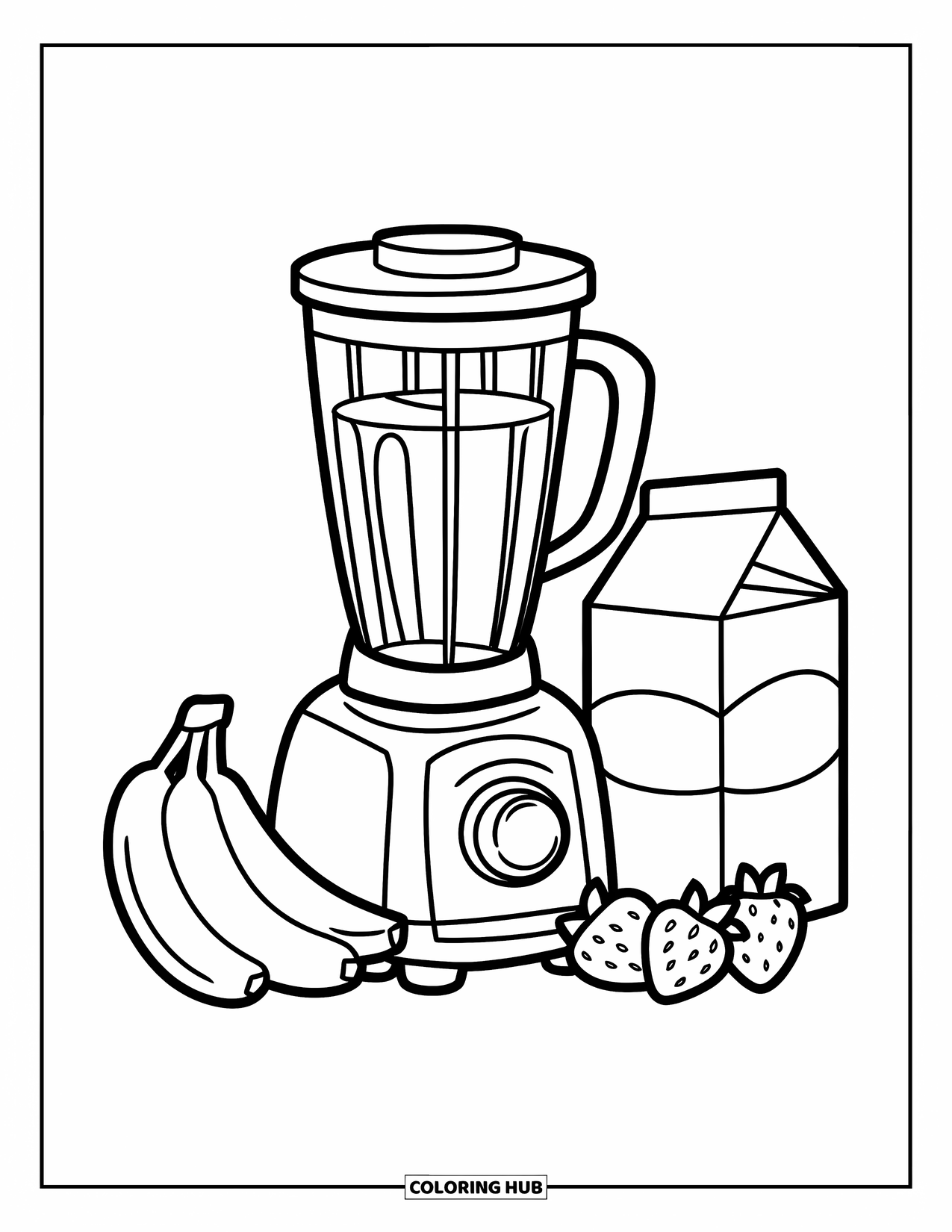 Kitchen Coloring Page for Kids: Fruit surrounds a whirling blender with a milk carton nearby on the counter
