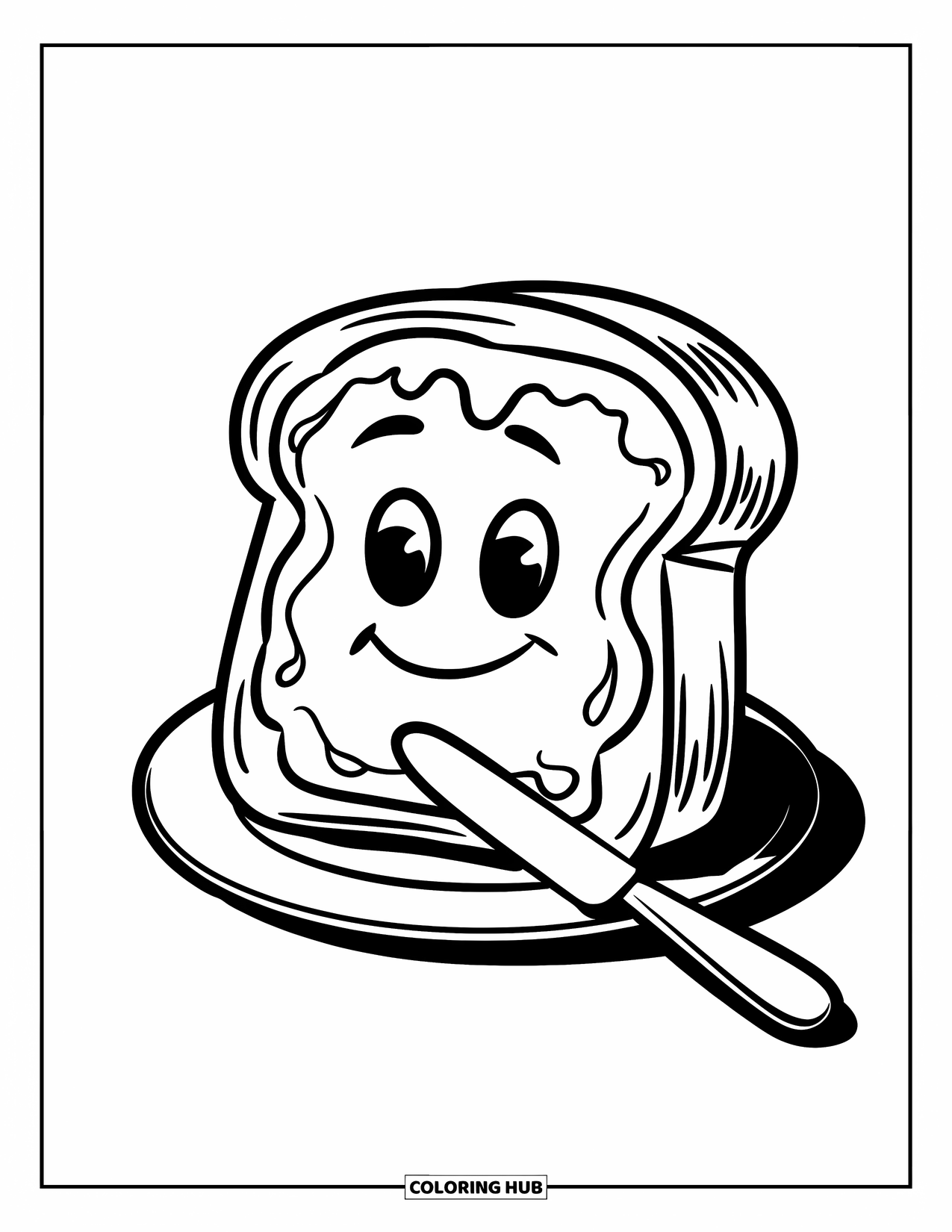 Kitchen Coloring Page for Kids: Smiling bread with jam sits on a plate next to a butter knife
