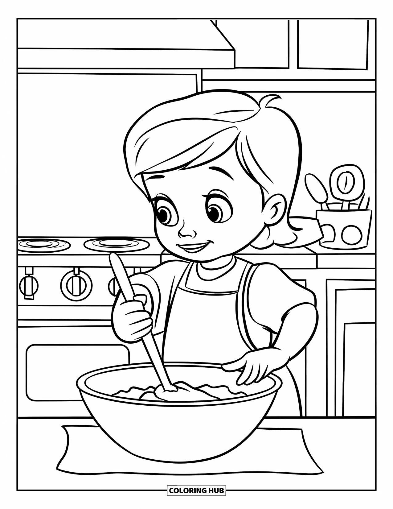 Kitchen Coloring Page for Kids: Smiling child stirs batter in a bowl inside a cozy kitchen