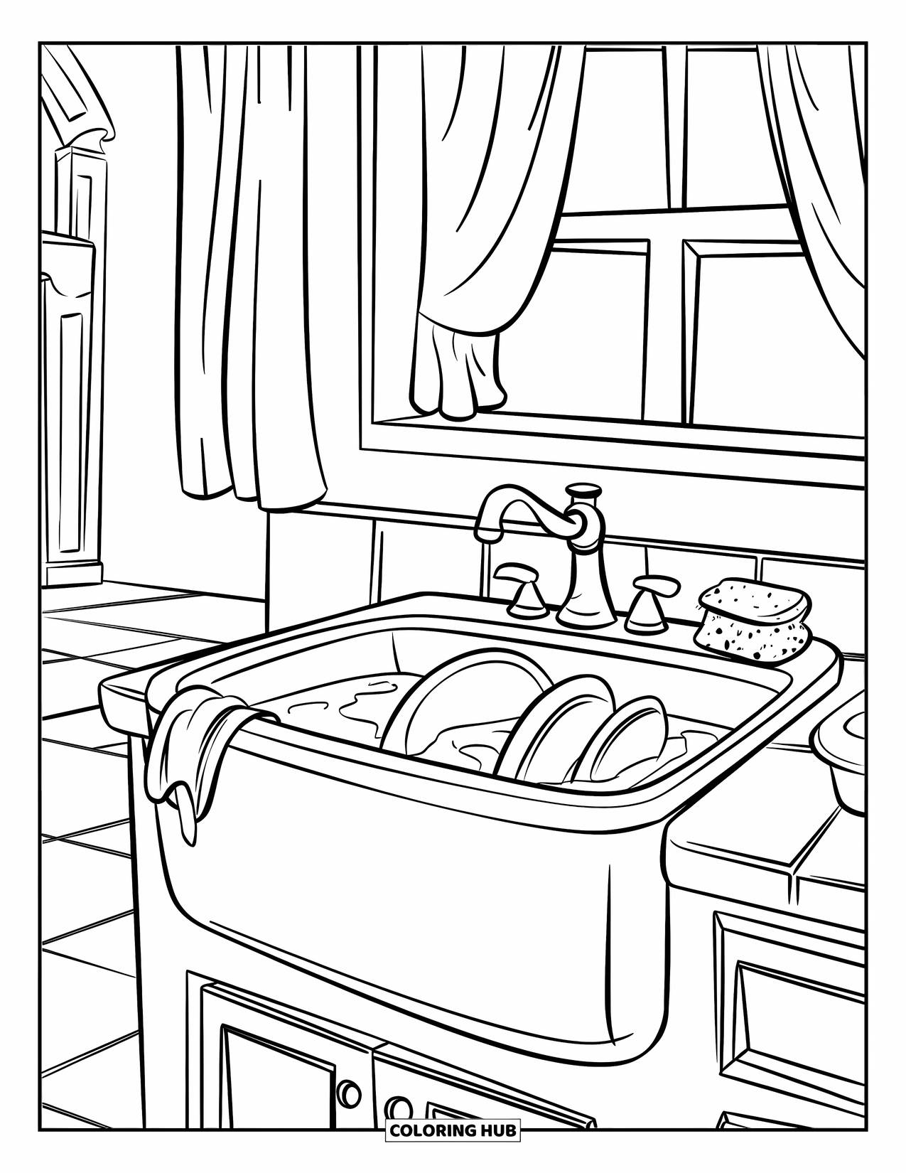 Kitchen Coloring Page for Kids: Soapy dishes fill a kitchen sink near a curtained window and tiled floor