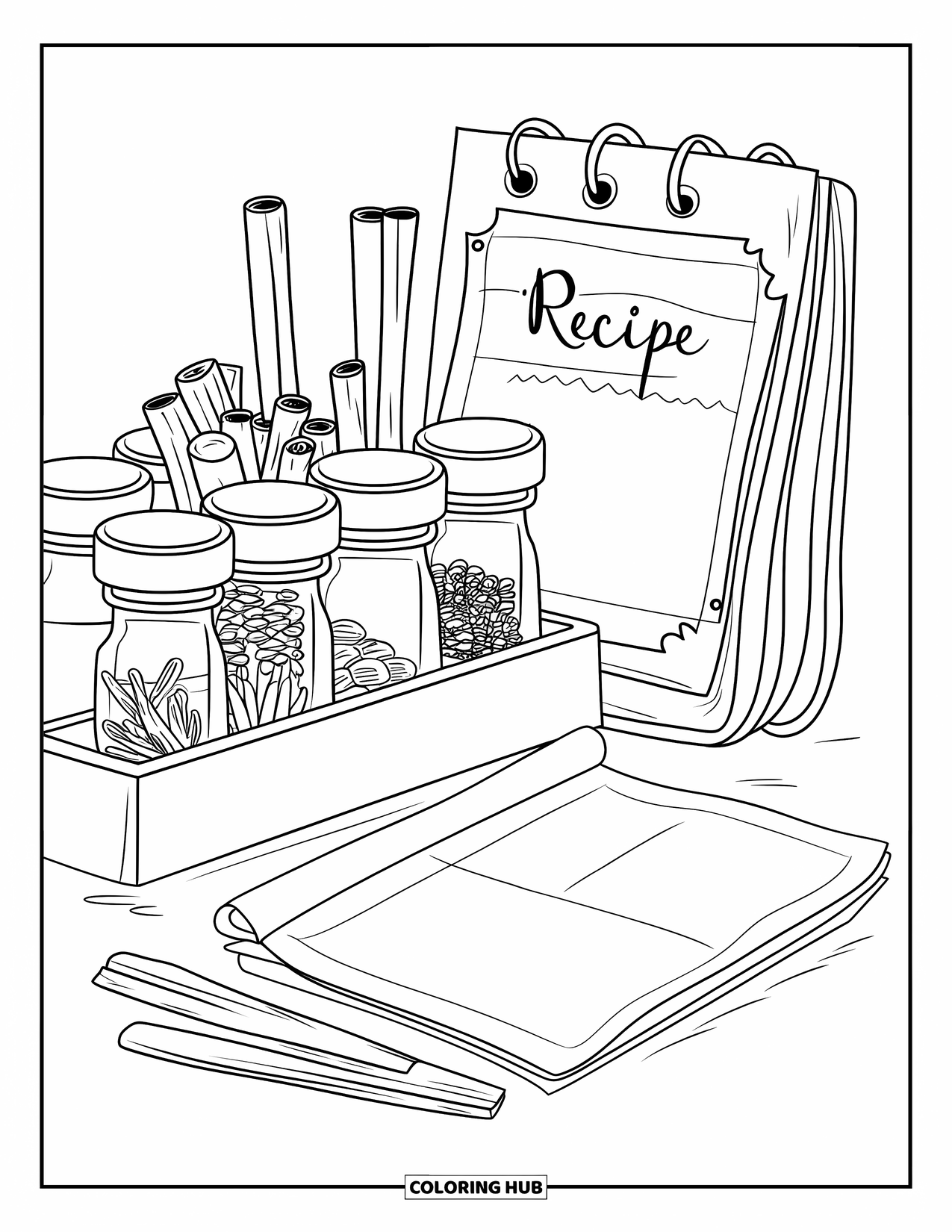 Kitchen Coloring Page for Kids: Spices like cinnamon and nutmeg sit beside a recipe pad on wooden shelves