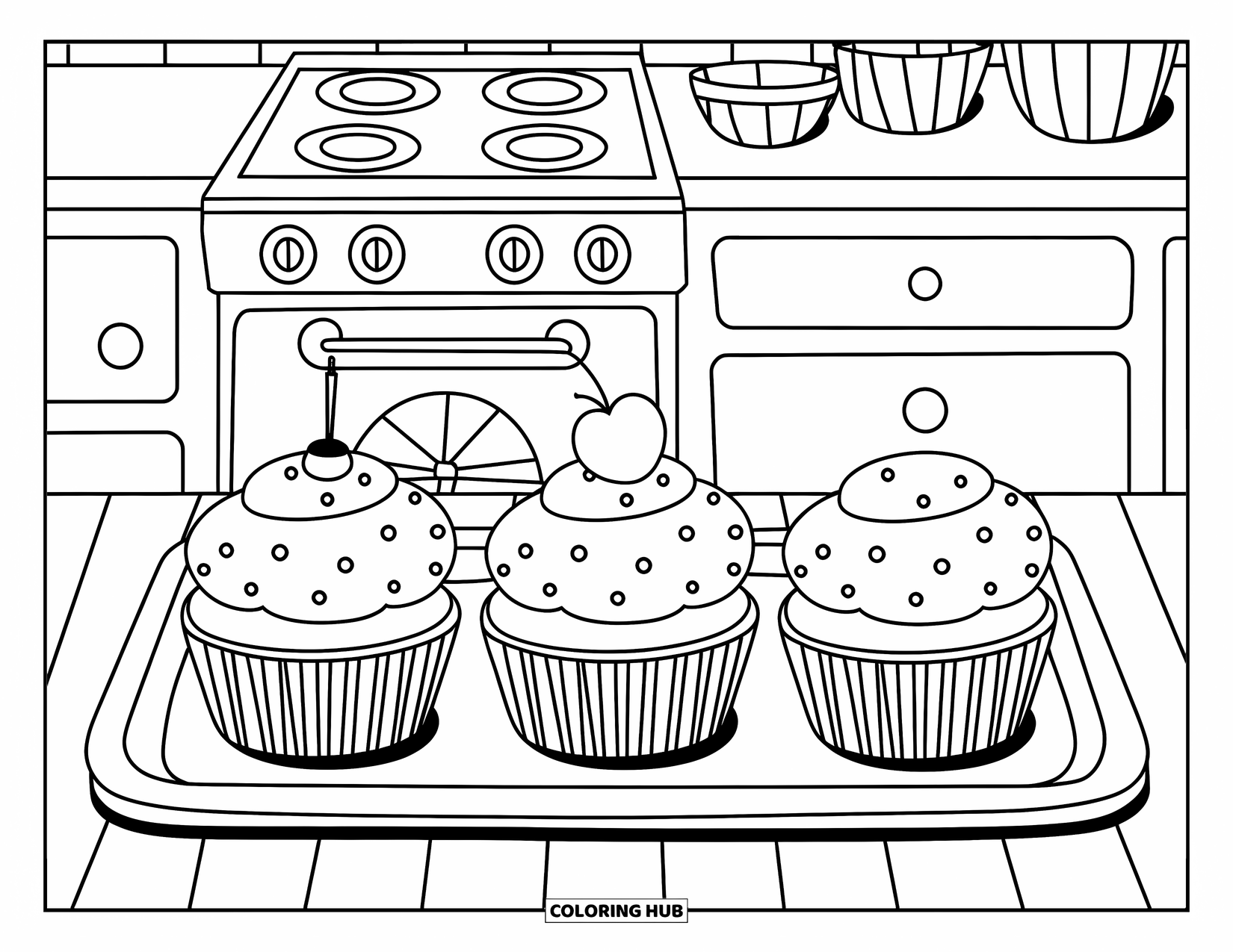 Kitchen Coloring Page for Kids: Three cupcakes cool on a tray in a cute kitchen scene