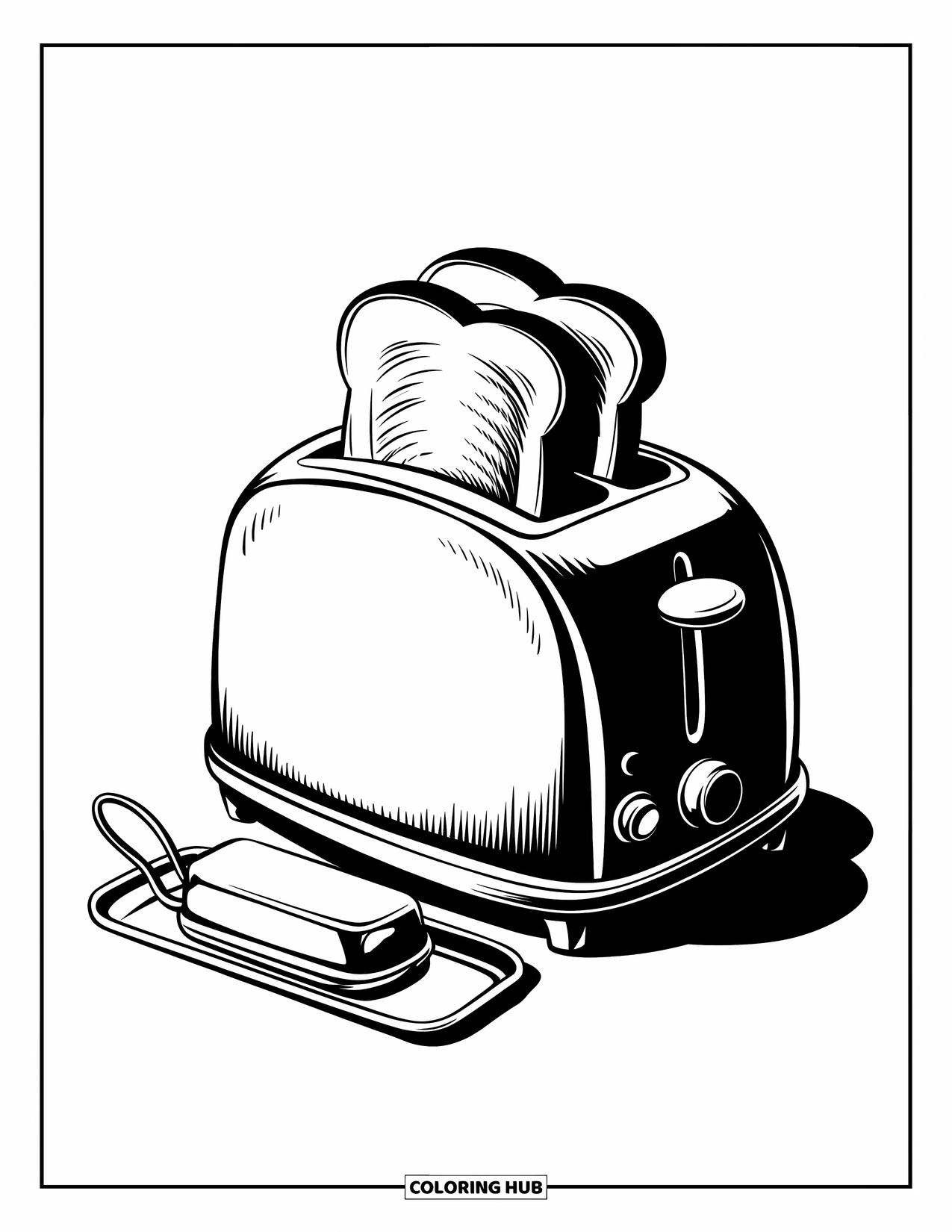 Kitchen Coloring Page for Kids: Toaster with toast and a metal butter tray sit on a wooden surface