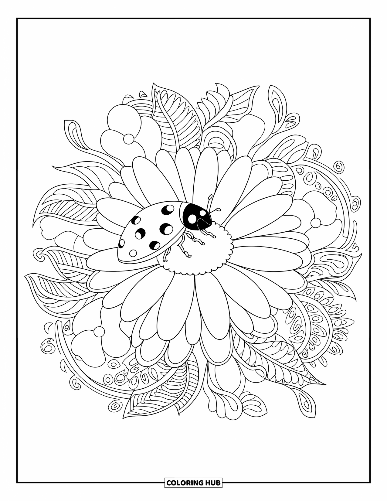 Ladybug Coloring Page for Adults: A botanical mandala surrounds a ladybug resting on a big daisy in the center