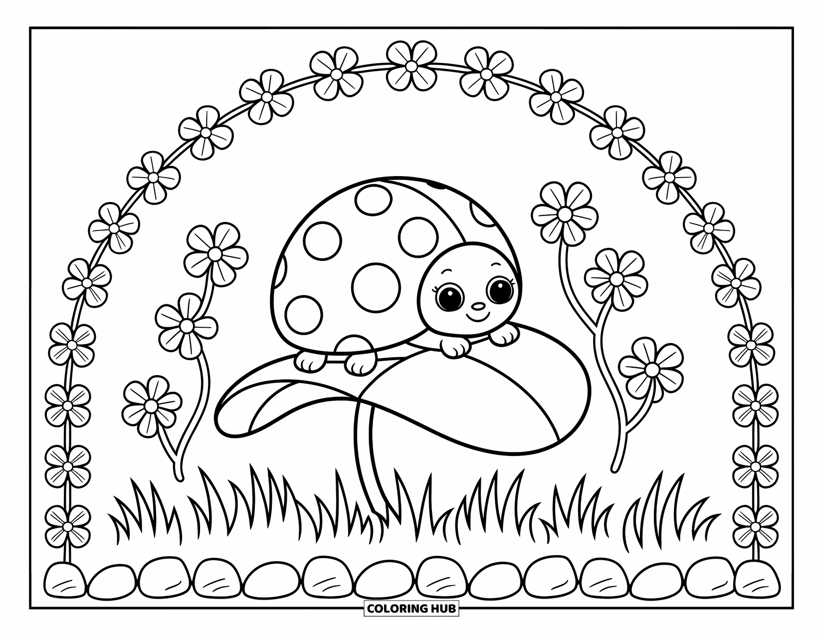 Ladybug Coloring Page for Adults: A cozy scene with a ladybug on a clover leaf and whimsical flowers all around