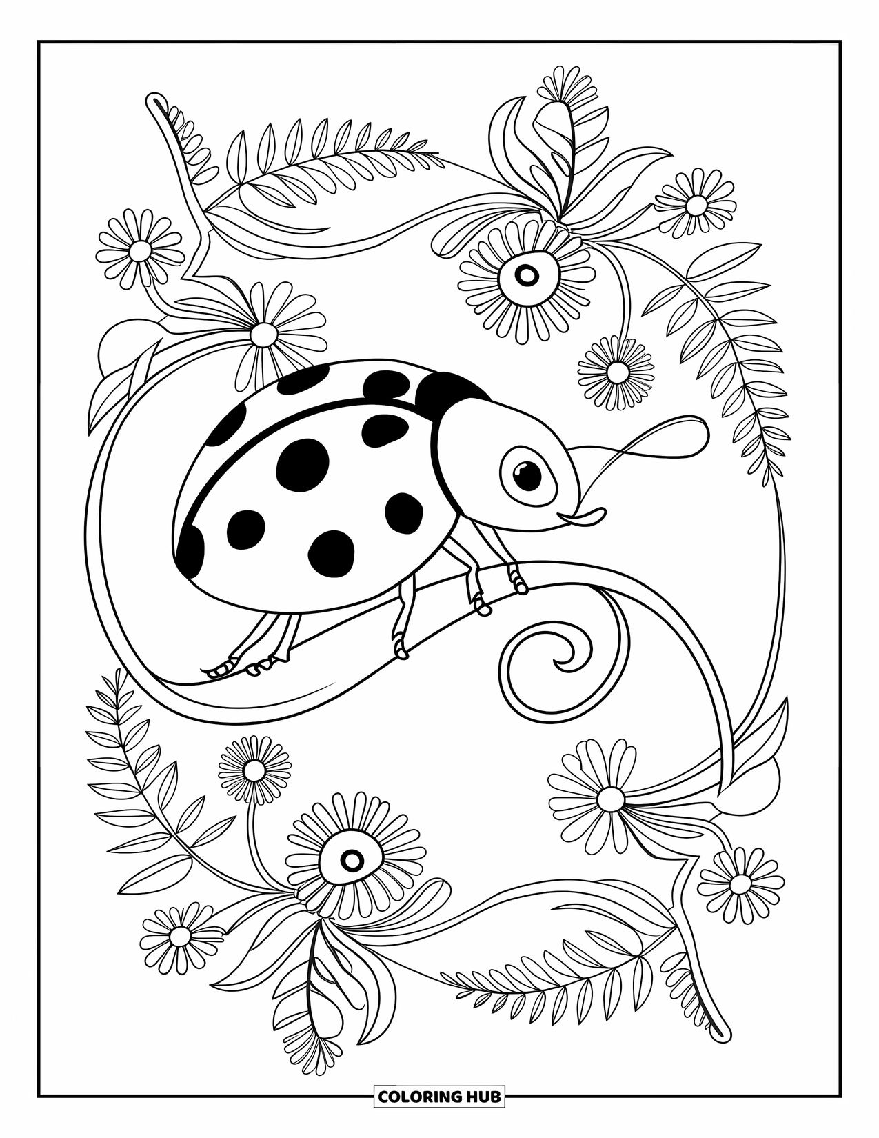 Ladybug Coloring Page for Adults: A curled leaf with a ladybug sits in a mandala of ferns and flower clusters