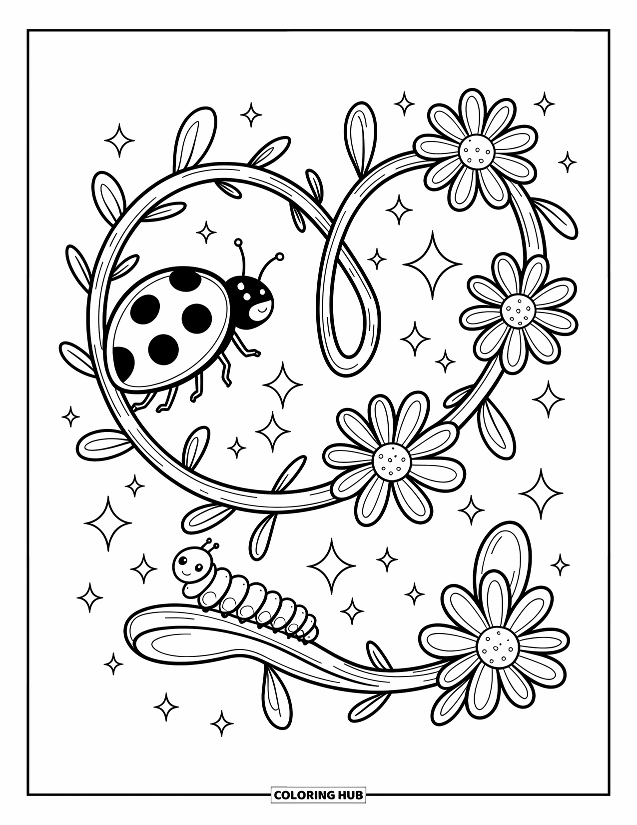 Ladybug Coloring Page for Adults: A curly vine with flowers and sparkles leads a ladybug toward a resting caterpillar