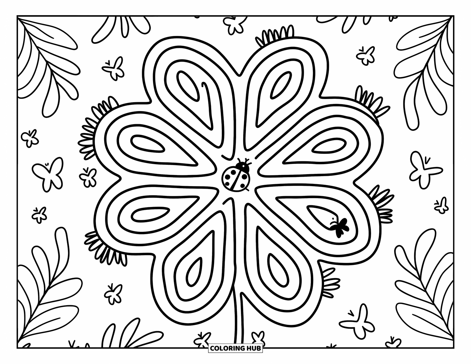 Ladybug Coloring Page for Adults: A cute ladybug explores a flower maze with winding paths and resting butterflies