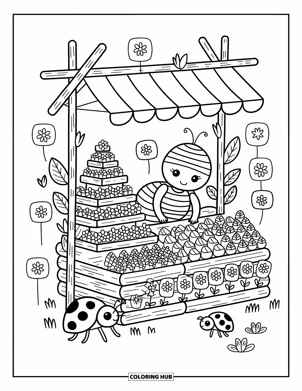 Ladybug Coloring Page for Adults: A flower stall made of twigs is visited by curious ladybugs and a striped vendor bug
