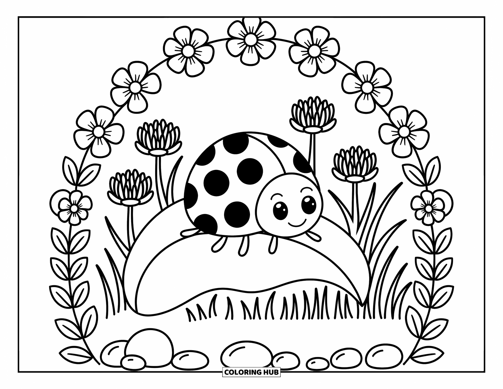 Ladybug Coloring Page for Adults: A gentle ladybug rests on a clover leaf with flowers and soft grassy details