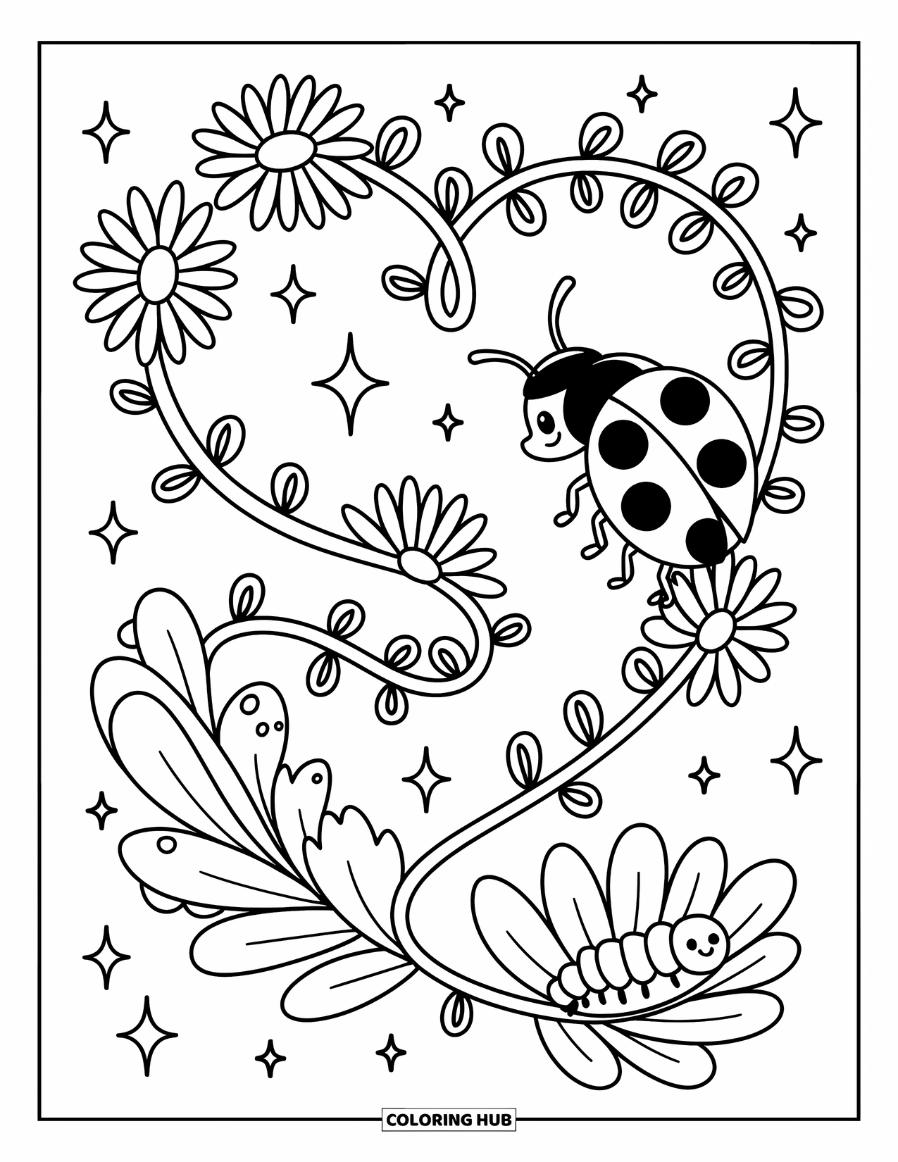 Ladybug Coloring Page for Adults: A ladybug climbs a spiraling vine filled with daisies, dewdrops, and a resting caterpillar