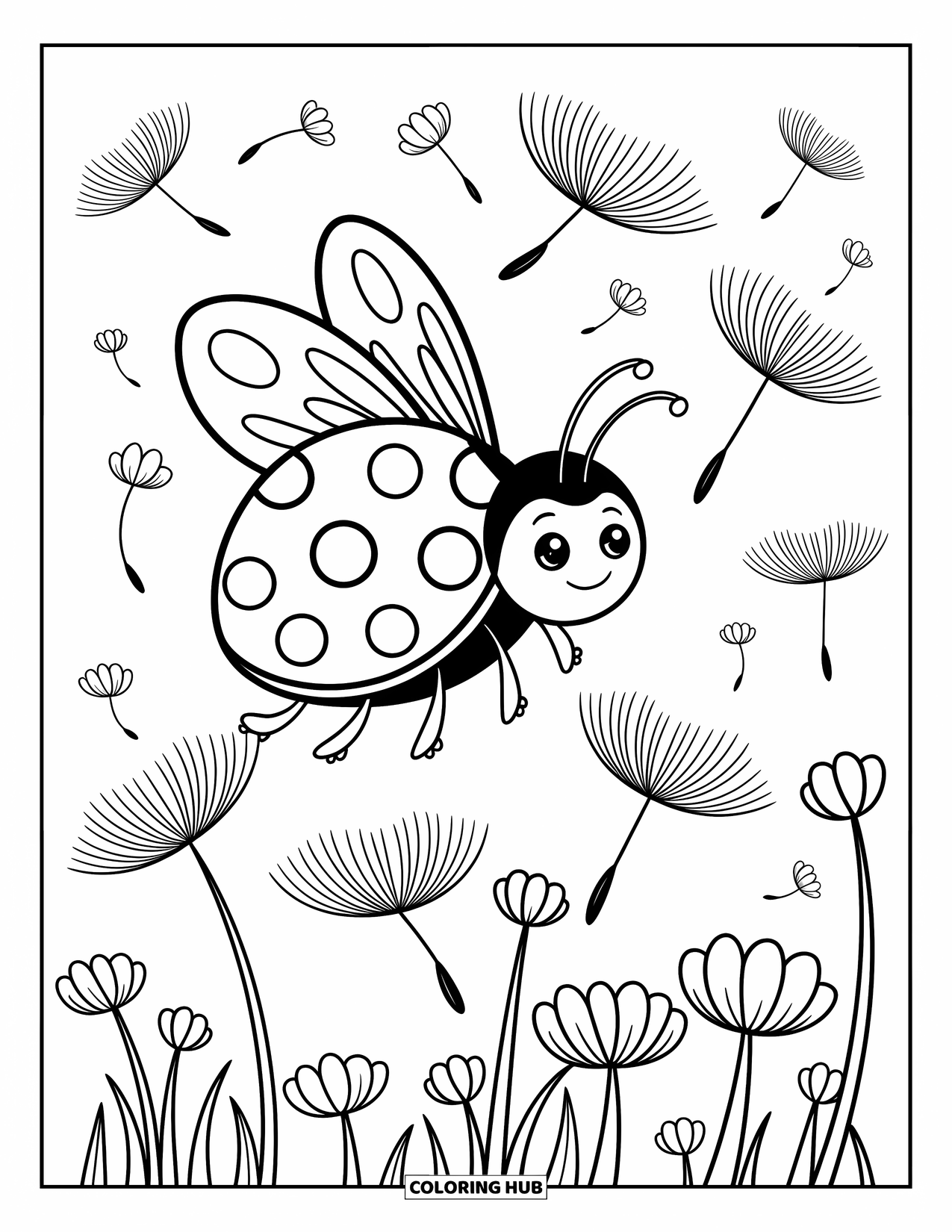 Ladybug Coloring Page for Adults: A ladybug glides among dandelion seeds while flowers bloom quietly below
