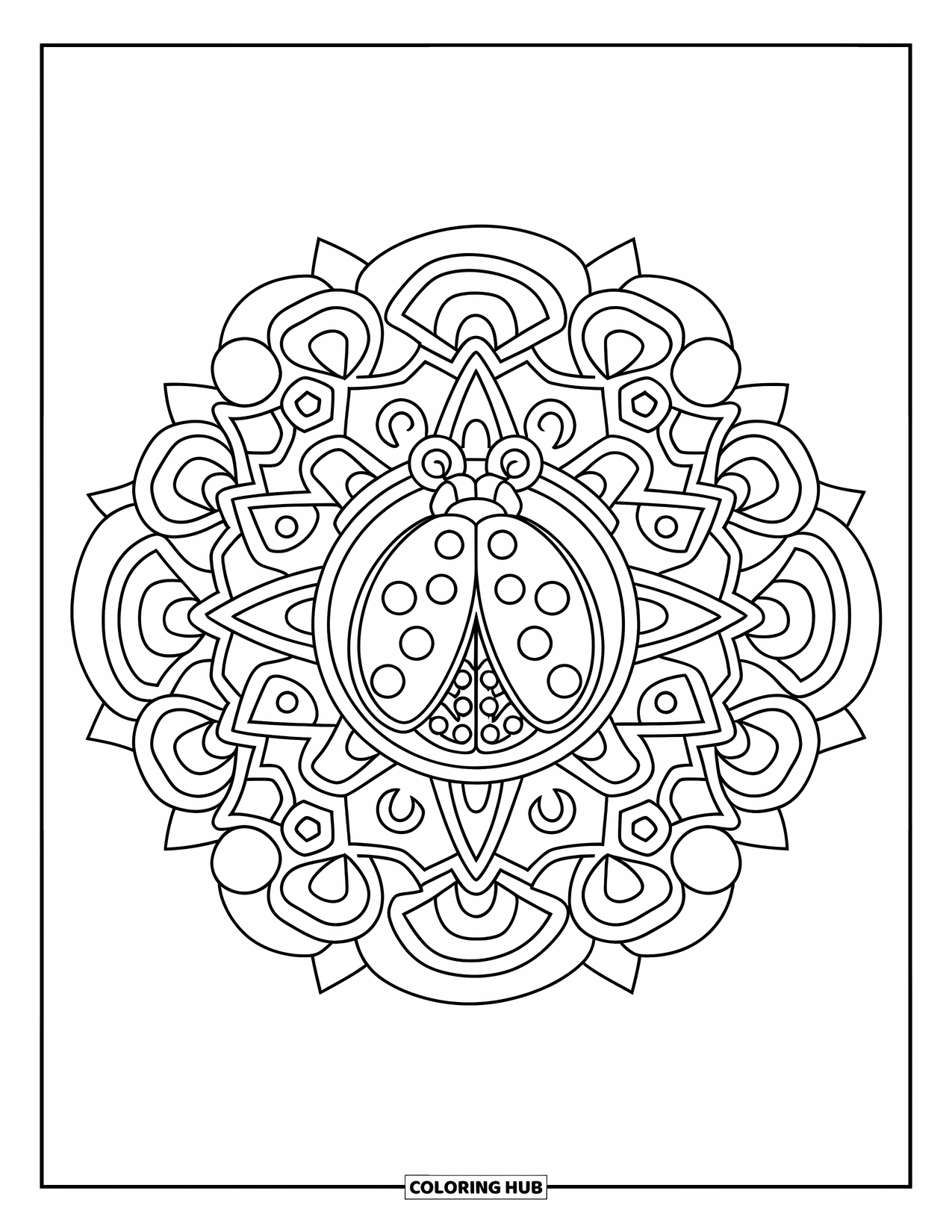 Ladybug Coloring Page for Adults: A ladybug is centered in a detailed mandala filled with tiny shapes and designs