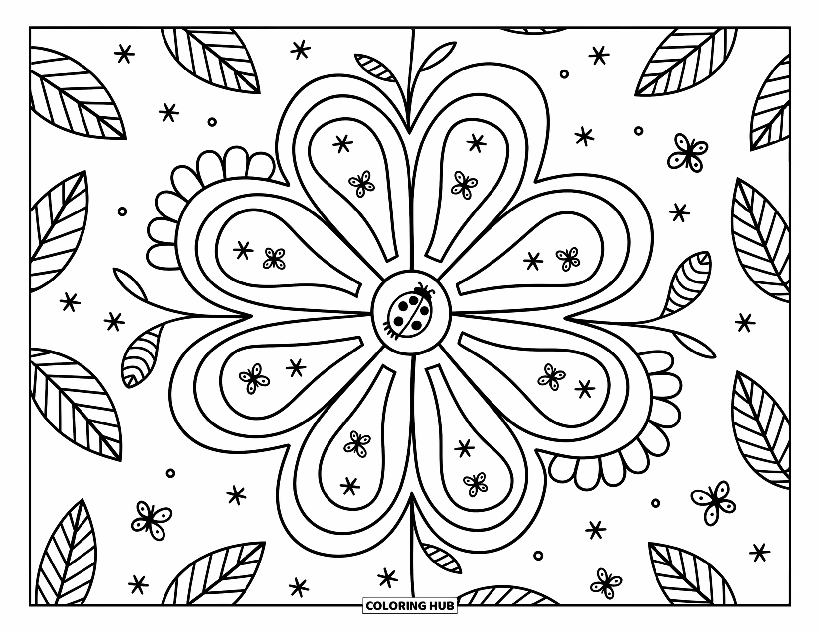 Ladybug Coloring Page for Adults: A ladybug makes its way through a floral maze surrounded by soft petals and bugs
