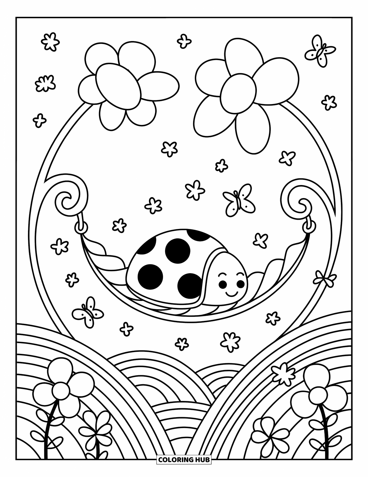 Ladybug Coloring Page for Adults: A ladybug naps on a leaf hammock between flowers with butterflies floating nearby
