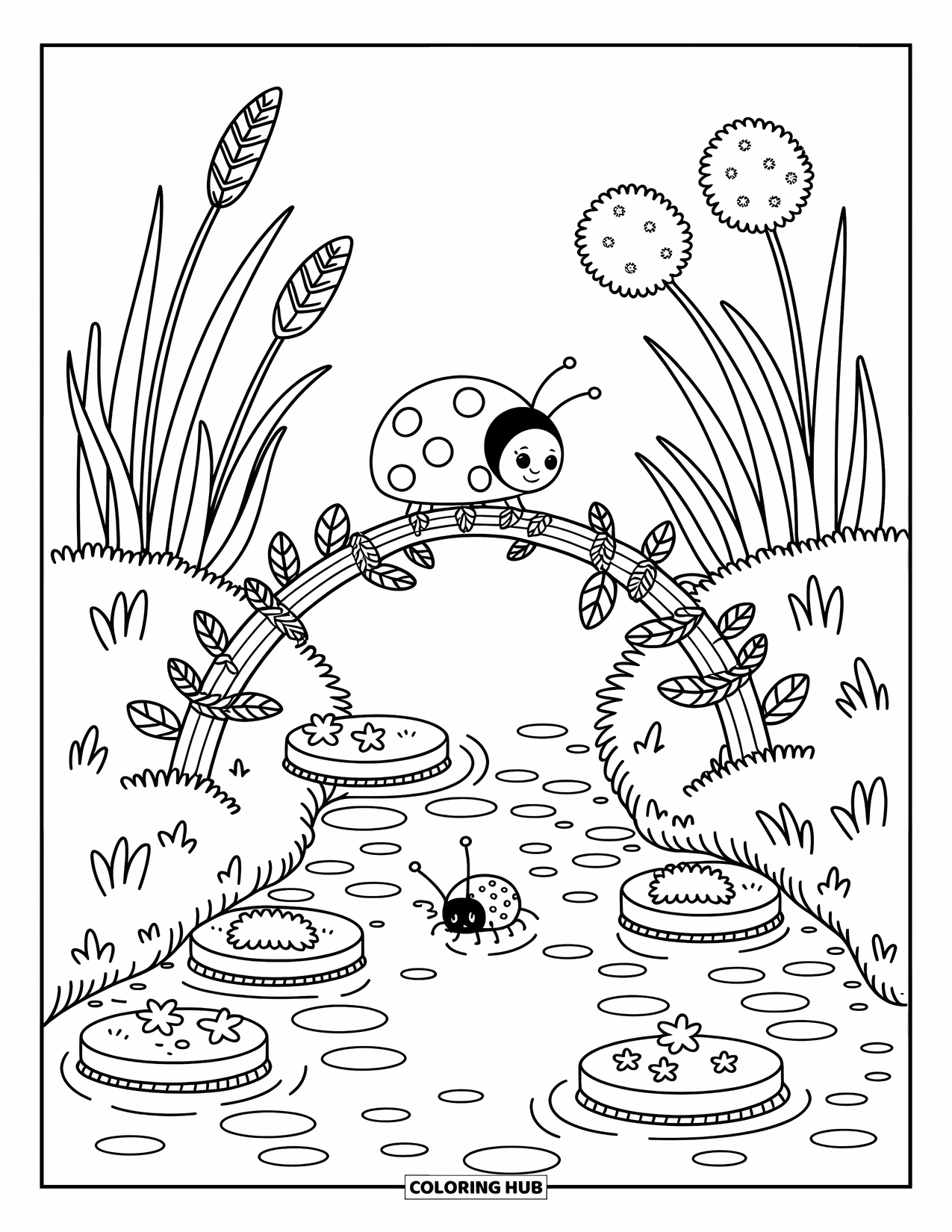 Ladybug Coloring Page for Adults: A ladybug pauses on a twig bridge over a stream filled with petals and mossy stones
