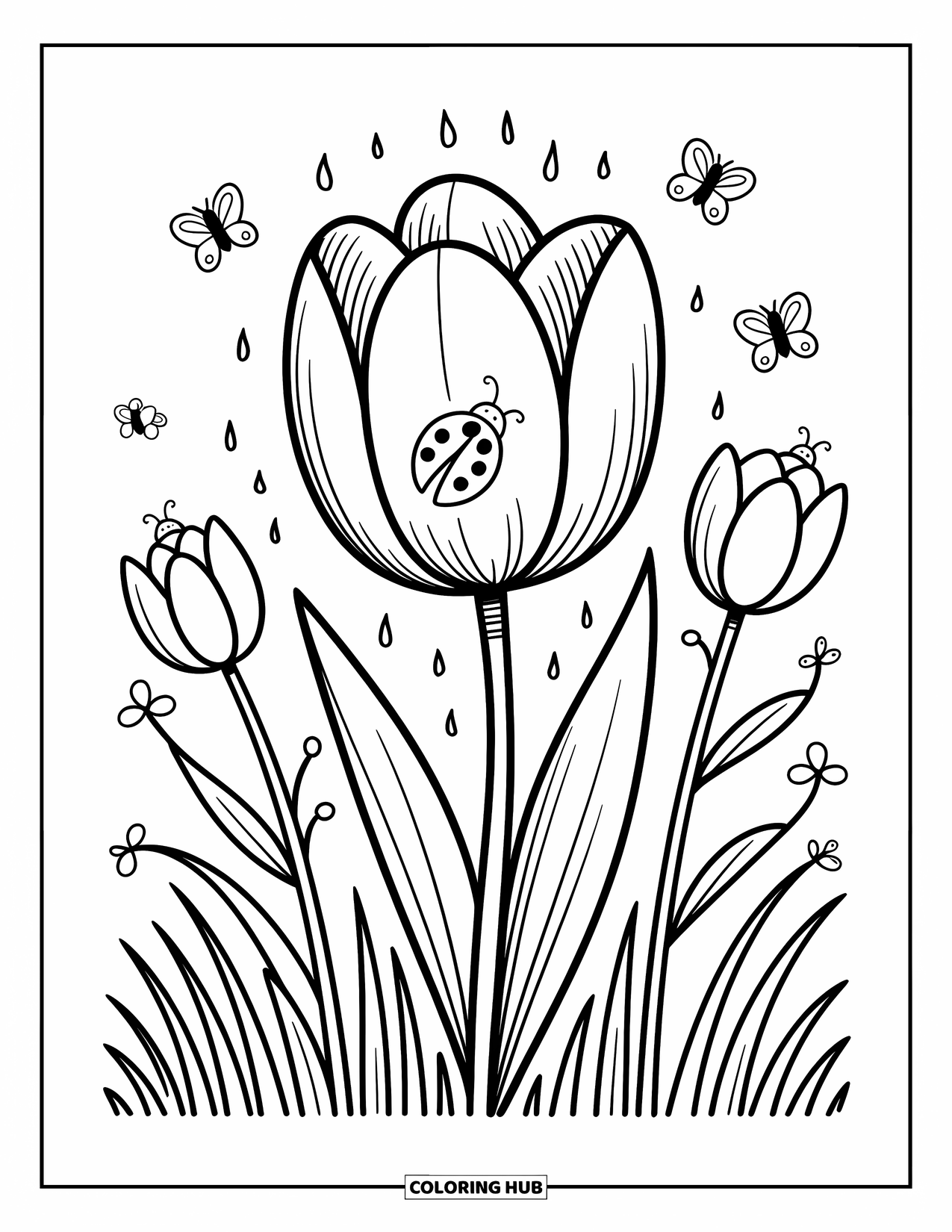Ladybug Coloring Page for Adults: A ladybug peeks from inside a tulip, with butterflies and flowers dancing nearby