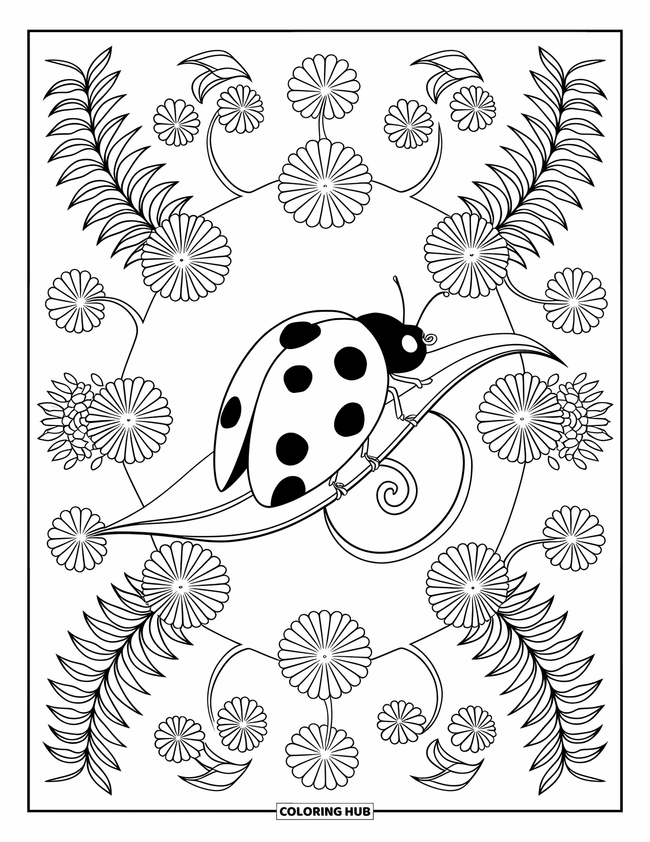 Ladybug Coloring Page for Adults: A ladybug rests on a curled leaf surrounded by a fern and flower mandala
