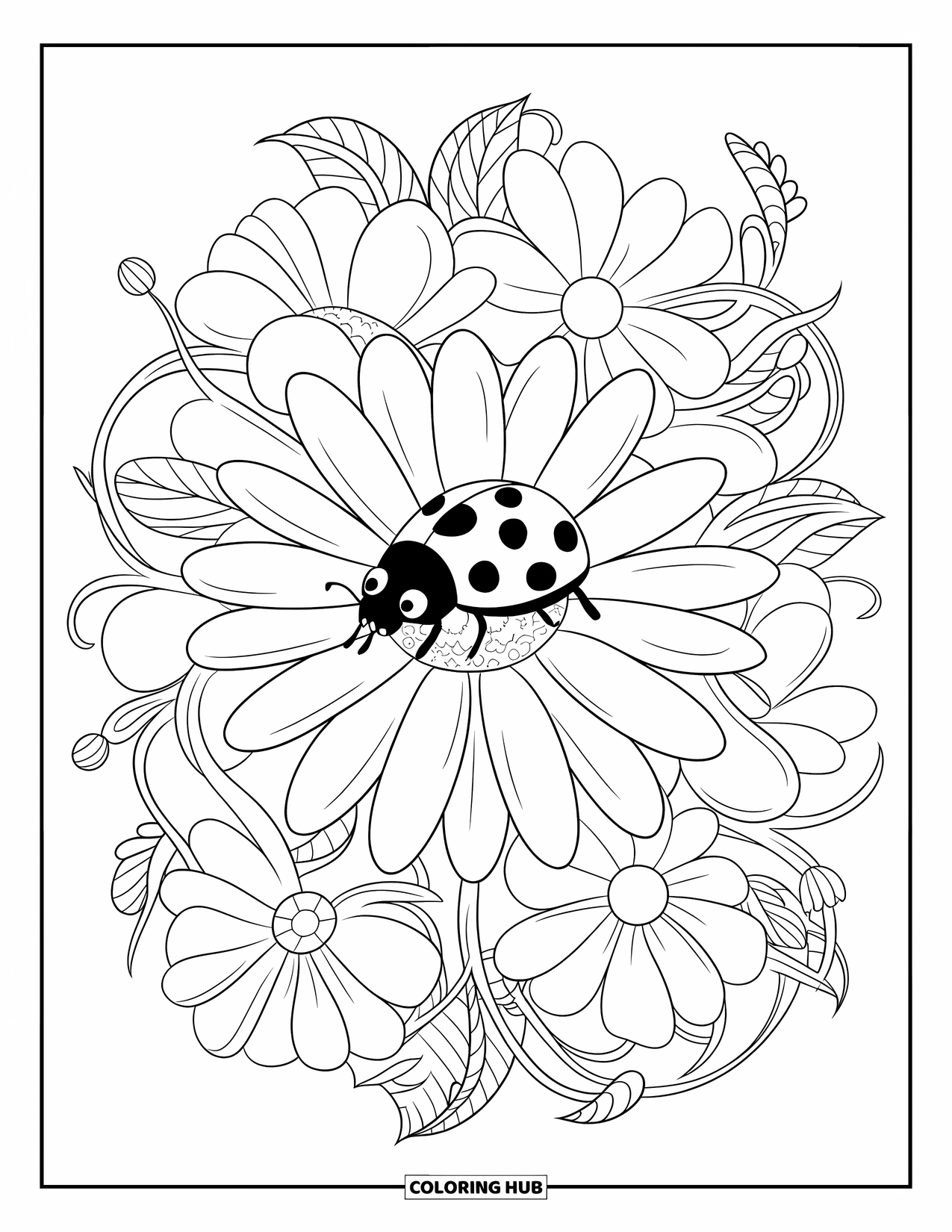 Ladybug Coloring Page for Adults: A ladybug rests on a daisy at the heart of a full floral mandala