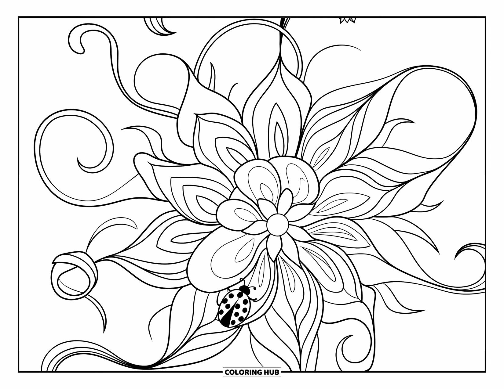 Ladybug Coloring Page for Adults: A ladybug rests on a flower inside a mandala filled with vines and petal layers