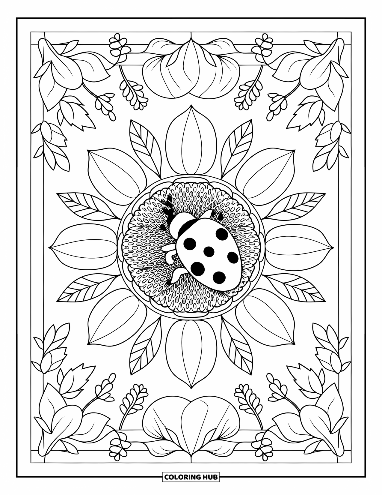 Ladybug Coloring Page for Adults: A ladybug rests on a sunflower mandala filled with herbs, leaves, and flower buds