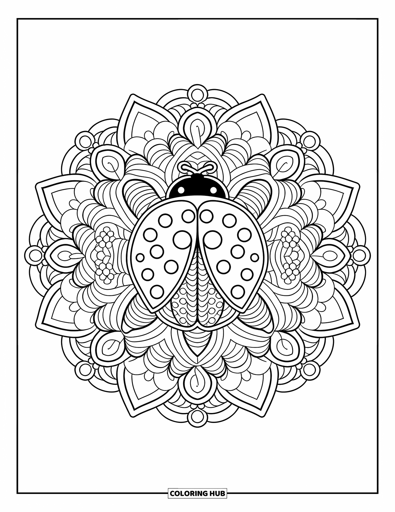 Ladybug Coloring Page for Adults: A ladybug sits at the center of a mandala filled with floral and leafy patterns