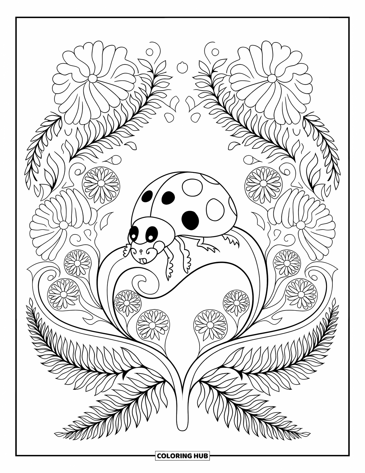 Ladybug Coloring Page for Adults: A leaf with a ladybug is the center of a fern and floral-inspired mandala
