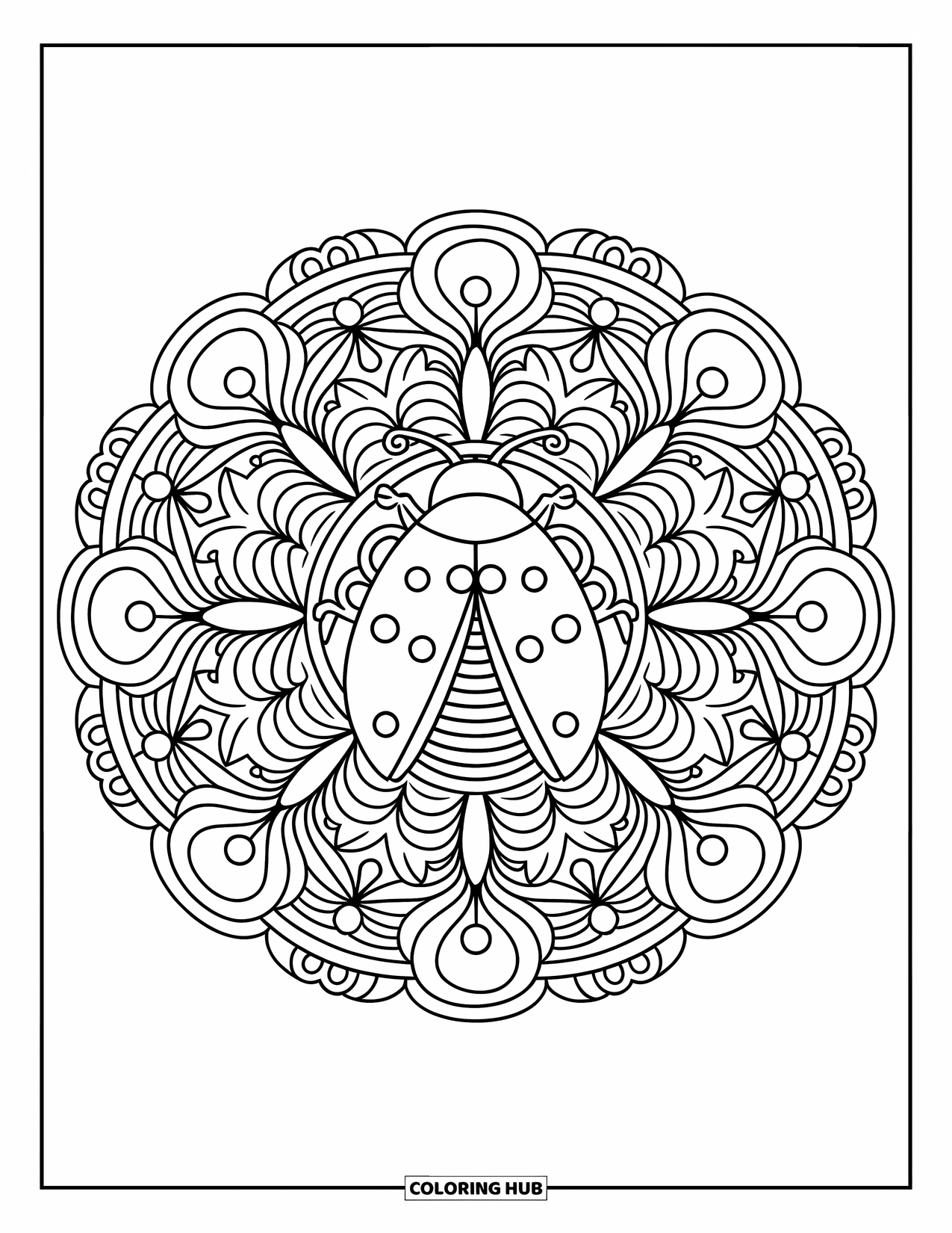 Ladybug Coloring Page for Adults: A mandala with swirls and flowers surrounds a ladybug placed at the center
