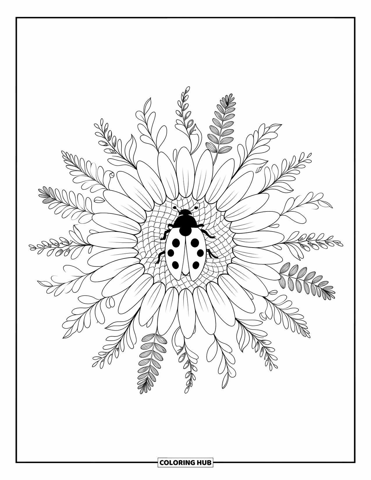 Ladybug Coloring Page for Adults: A sunflower mandala spreads from a ladybug center with leaves, buds, and gentle patterns