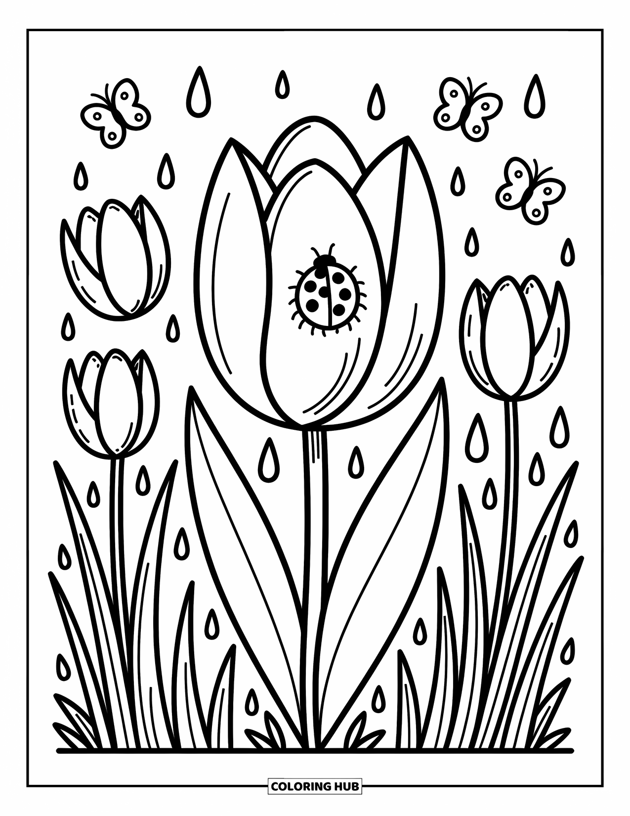Ladybug Coloring Page for Adults: A tulip opens to reveal a tiny ladybug, surrounded by grasses and fluttering butterflies
