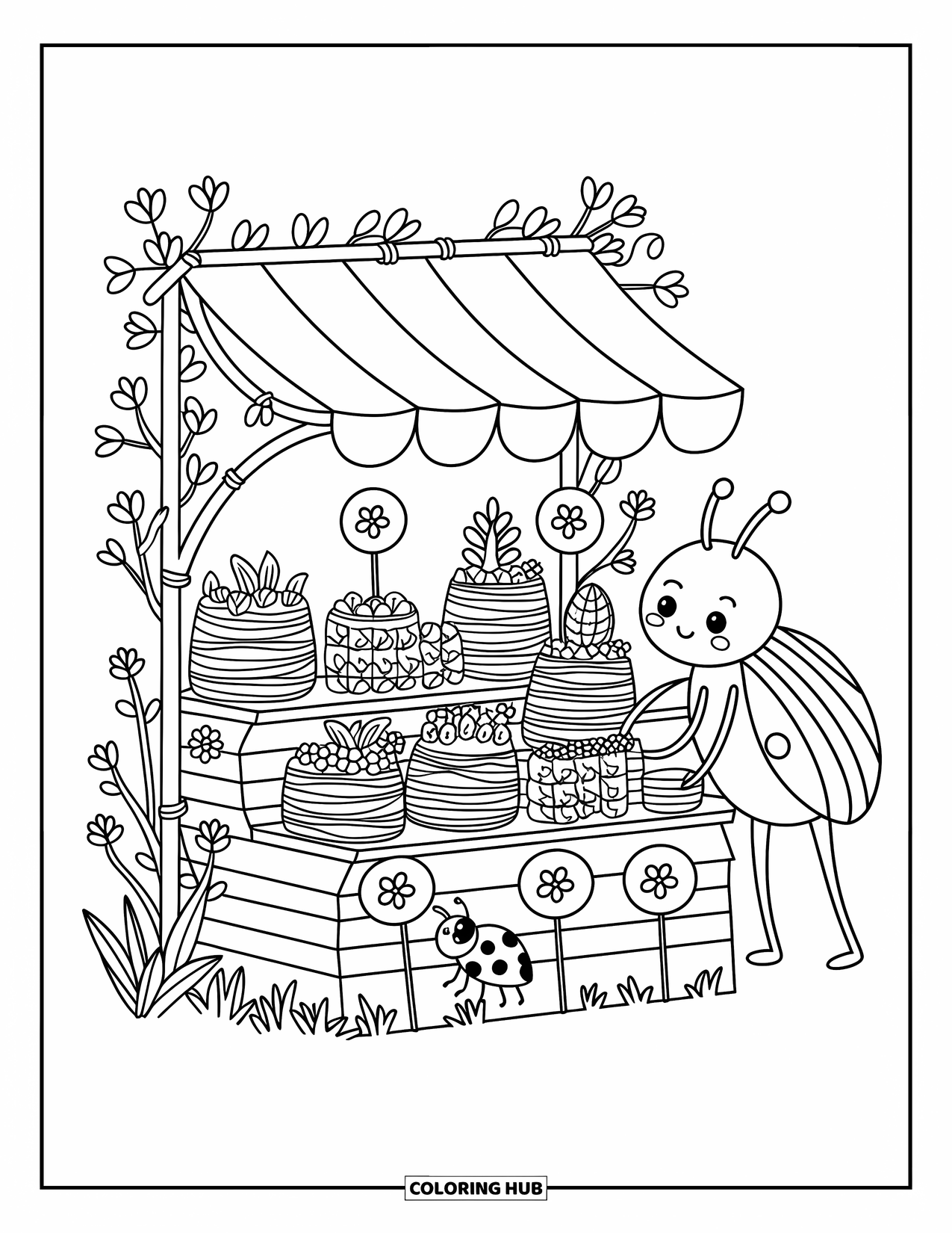 Ladybug Coloring Page for Adults: Ladybugs explore a tiny flower market run by a cheerful striped bug vendor