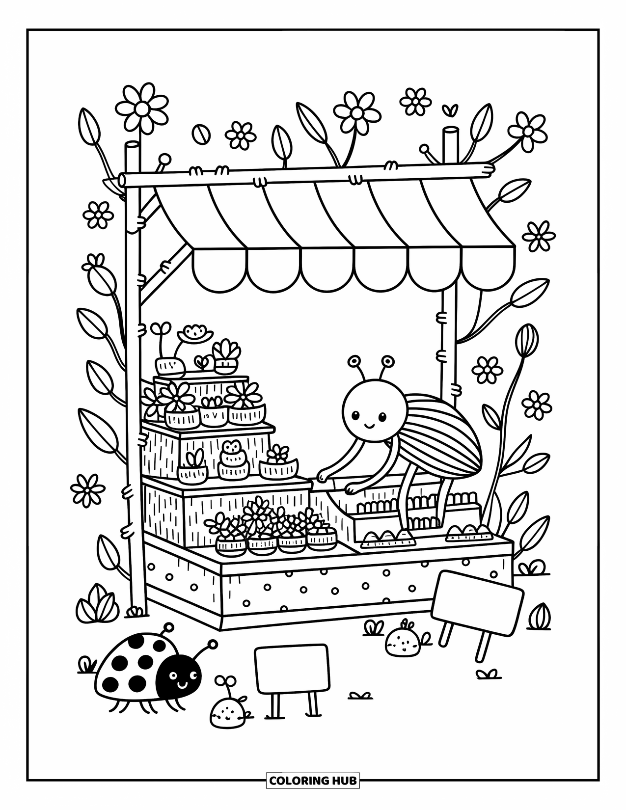 Ladybug Coloring Page for Adults: Ladybugs visit a flower stall made of petals, leaves, and adorable miniature details