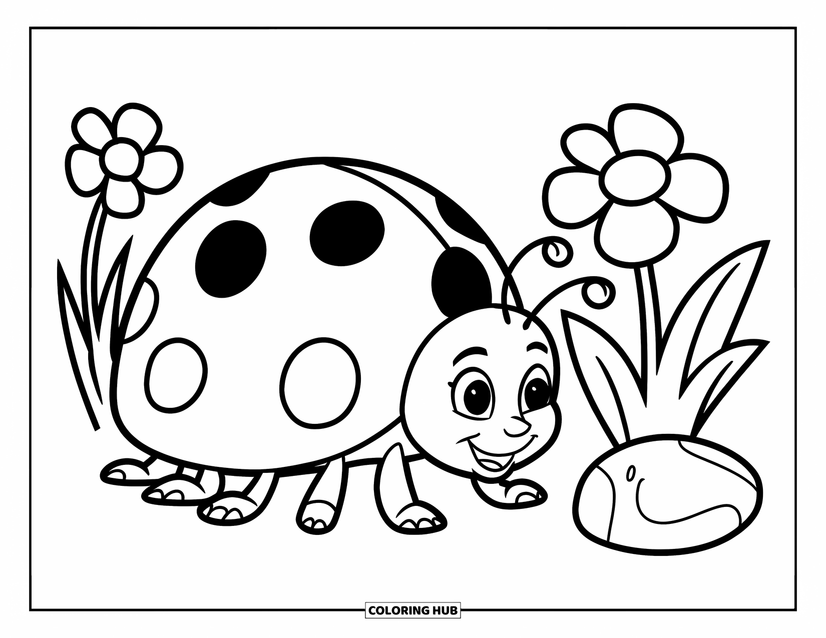 Ladybug Coloring Page for Kids: A big ladybug sits near two tiny flowers and a small stone